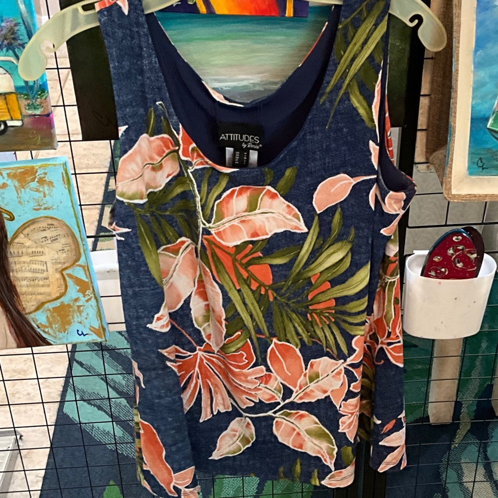 Attitudes by Renee Tropical Print Tank Top - reversible Navy and Coral